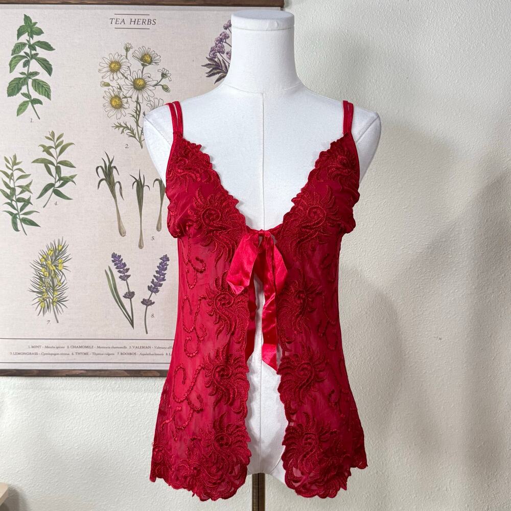 90s Y2k Embroidered Sheer Mesh Tie Bow Split Babydoll Top Romantic Goth Sexy S M